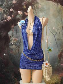 EgrlEra Women's Halter Metal Chain Mesh Overlay Dress Blue Short Dress Sexy Blue Dress Women Blue Beach Dress Halter Cowl Neck Dress Patterned Blue Dress - Blue - View 3