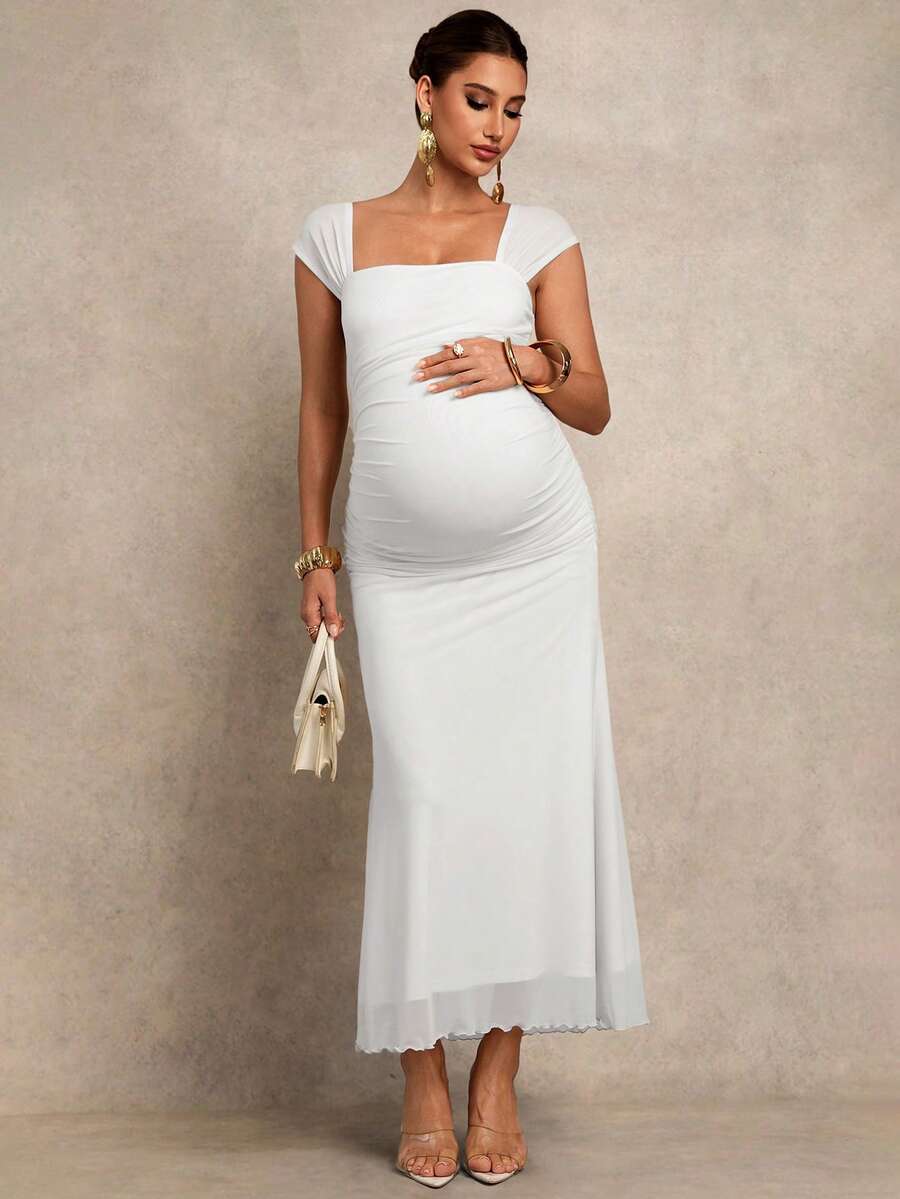 MaterniChic Pregnant Women Solid Color Pleated Elegant Party Dress - White - View 1