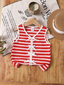 SHEIN Young Girl Striped V-Neck Bow Decor Casual Camisole Girls Top Striped Top Young Girls Top Red Striped Top - Multicolor - View 8