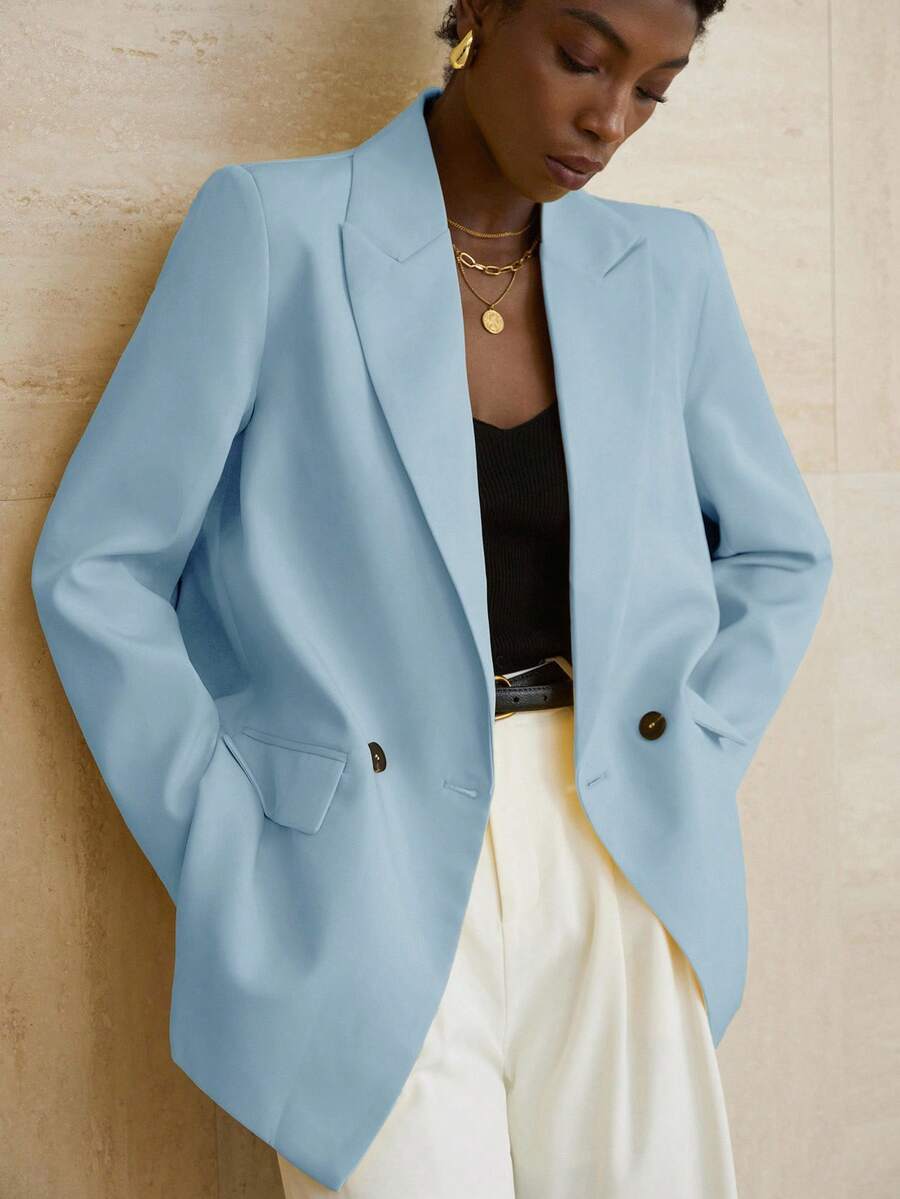 Aveloria Modichic Women's Business Style Solid Color Double-Breasted Blazer Jacket For Commuting, Autumn - Baby Blue - View 1