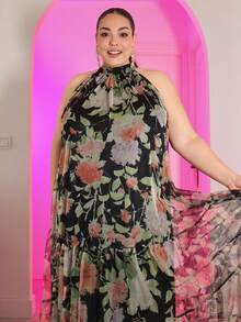 Pretty and Ole Đầm dự tiệc không tay bằng vải chiffon họa tiết hoa dành cho nữ cỡ lớn, thanh lịch, chất liệu lưới, thích hợp cho các dịp đặc biệt. - màu đen - Xem 6