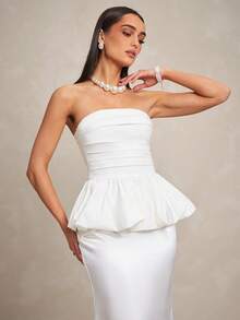 Silquee 女士优雅褶裥荷叶边抹胸上衣和鱼尾裙两件套，适合派对和宴会场合 - 白色 - 查看 4