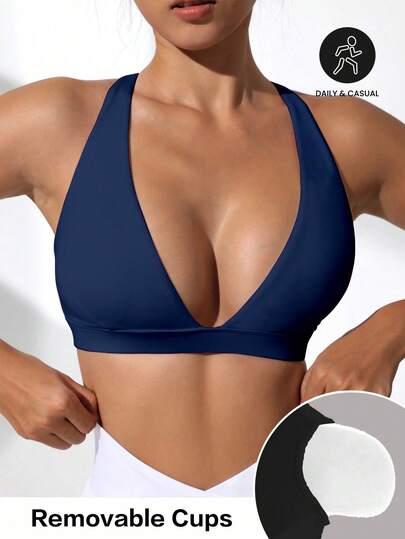 Easithlete Áo ngực thể thao dáng suông cổ chữ V màu trơn, thiết kế tối giản.