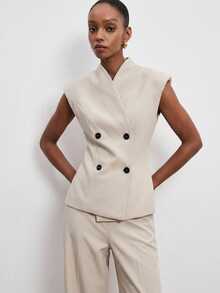 ATUI Studio Conjunto de top asimétrico sin mangas de cuello en V y pantalones anchos de pierna ancha para mujer, de moda para ir al trabajo - Caqui - Ver 4