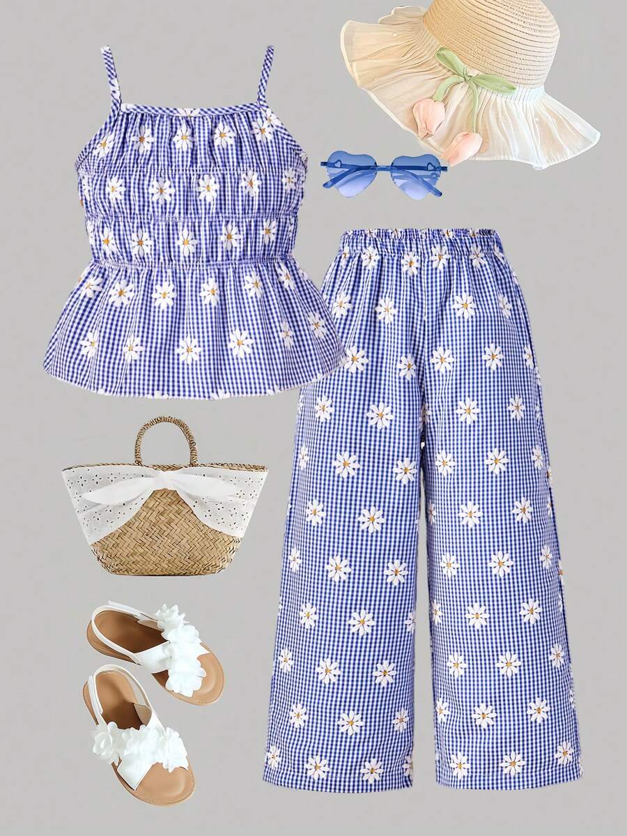 SHEIN Elladie kids Bộ đồ mùa hè giản dị, dễ thương và ngọt ngào cho bé gái, áo hai dây in họa tiết hoa cúc kẻ caro xanh và quần ống rộng, trang phục thoải mái và tươi mát cho những chuyến đi chơi mùa hè. - Màu xanh lam - Xem 1