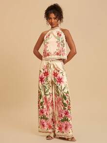 Travachic 两件套浪漫花卉边饰吊带背心和裤子套装 - 粉色 - 查看 5