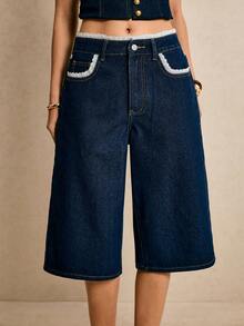 Poéselle Women's Contrast Trim Slant Pocket Casual Wide Leg Jeans - Black - View 7