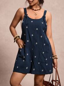 Freevana 100% Cotton Plus Size Women's Daisy Embroidery Inspired Double Pocket Casual Romper - Navy Blue - View 4