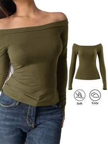 Fluxe 女士休闲纯色针织露肩长袖修身常规款上衣 - 軍綠色 - 查看 8