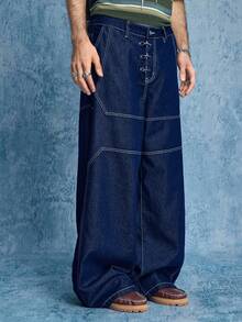 ROMWE MEN Men's Casual Washed Metal Buckle Wide Leg Jeans - Black - View 4