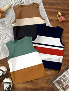 3pcs Baby Boy Casual Fashionable Minimalist Striped Polo Vest, Horse Polo & Letter Print Striped Top, Summer Outfits - Multicolor - View 2