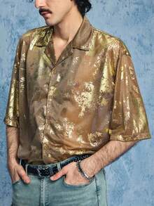 ROMWE MEN Casual Áo sơ mi nam tay ngắn dệt kim nhăn, cài một hàng khuy. - Vàng - Xem 1