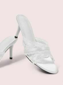 CUCCOO DOLLMOD 女士优雅蕾丝缎面高跟穆勒拖鞋，甜美可爱高跟凉鞋 - 白色 - 查看 1