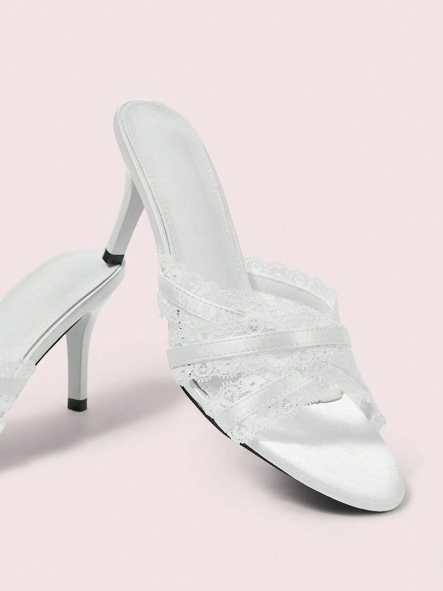 CUCCOO DOLLMOD 女士优雅蕾丝缎面高跟穆勒拖鞋，甜美可爱高跟凉鞋 - 白色 - 查看 1