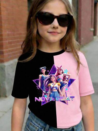 SHEIN Young Girl Casual Minimalist Round Neck Short Sleeve T-Shirt, Suitable For Summer Spring/Summer Casual Wear Perfect For Outings, Street Style & Hip-Hop Vibes Effortlessly Comfortable Fashionable Girls' Casual Wear New Arrivals Back-To-School Season Unique Perspective Modern Fashion Back-To-School Season