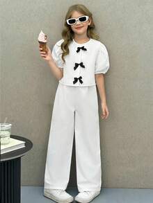 SHEIN Nova Glow 少女休闲时尚圆领荷叶袖纽扣上衣和长裤套装 - 白色 - 查看 5