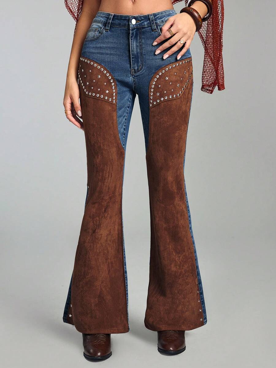 ROMWE Hippie 女士复古西部牛仔嬉皮风二合一麂皮拼接铆钉喇叭牛仔裤 - 藍色 - 查看 1