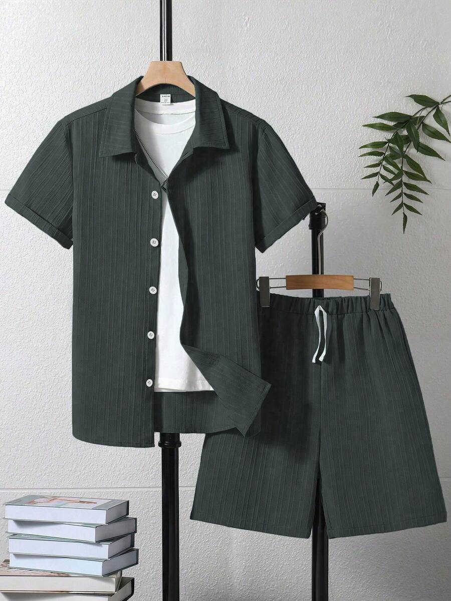 2pcs/Set Teen Boy Casual Single-Breasted Short Sleeve Shirt And Shorts Set - Grey - View 1
