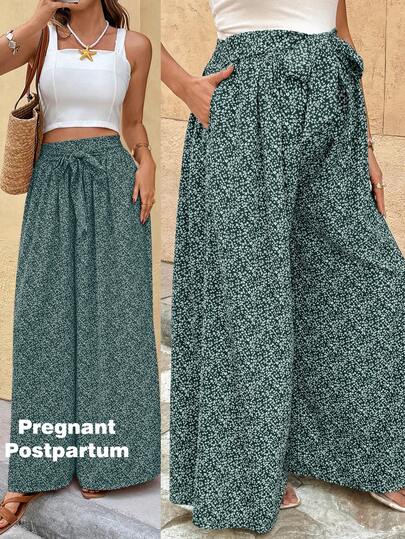 SHEIN Maternity Clothes Maternity Pants Summer Pregnant Clothes Green Maternity Pants With Floral Print Wide-Leg Design, Comfortable And Casual For Vacations