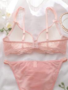 DelicateAllure 2pcs Pink Lace Patchwork Bra Set With Steel Rings, High Support, Gather & Lift, Cute & Charming Women Lingerie Set - Pink - View 5