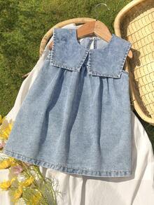 Vintaside Kids Babygirl Infant & Baby GirlSummer Collar Sleeveless Fashionable Casual Simple Washed Denim Dress, Suitable For Travel, Camping Or Daily Casual Wear - Blue - View 3