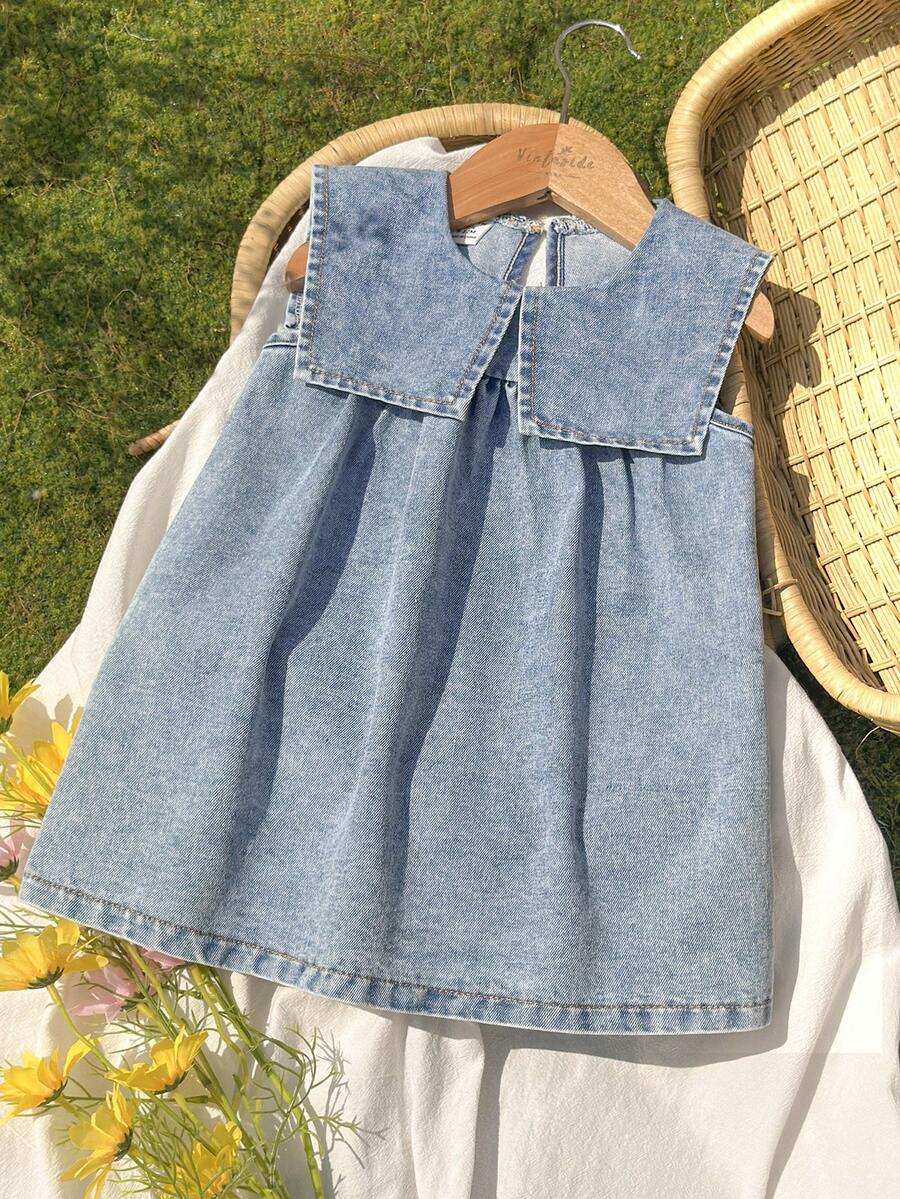 Vintaside Kids 女婴夏季翻领无袖时尚休闲简约水洗牛仔连衣裙，适合旅行、露营或日常休闲穿着。 - 藍色 - 查看 1