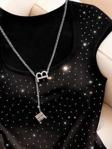 Resyla Shiny Rhinestone Embellished Minimalist Round Neck T-Shirt, A Great Gift For Friends - Black - View 3