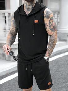 Manfinity CasualCool Men's Drawstring Hooded Sweatshirt And Drawstring Waist Shorts Casual Daily Suit - Black - View 1