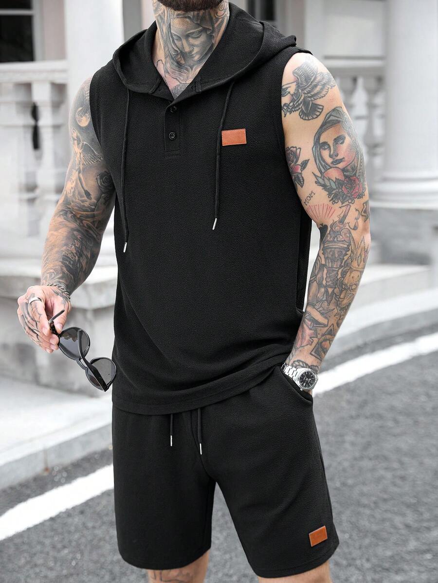 Manfinity CasualCool Men's Drawstring Hooded Sweatshirt And Drawstring Waist Shorts Casual Daily Suit - Black - View 1