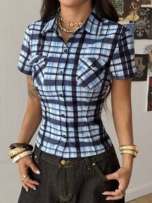StreetHx Women's Blue Plaid Fitted Chest Pocket Short Sleeve Shirt, Casual Versatile, Collegiate Style, - Blue - View 4