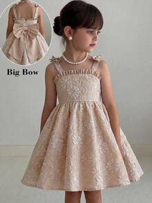 SHEIN Young Girl Sweet & Cute Jacquard Sleeveless Princess Dress - Khaki - View 2