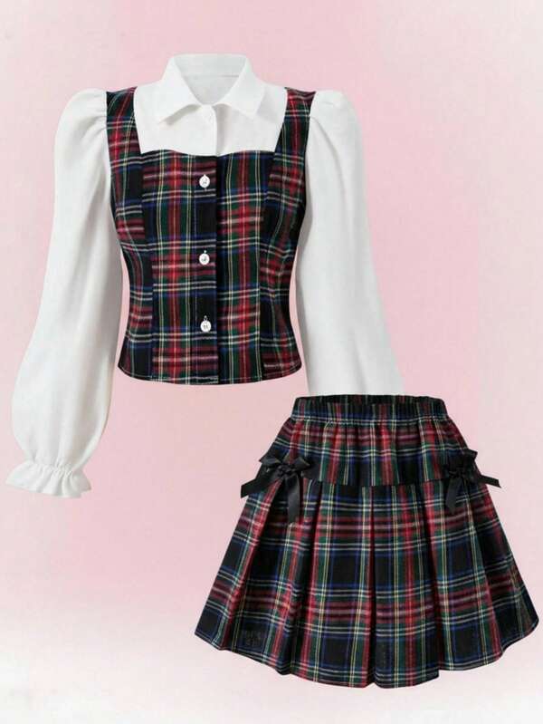 Teen Girls Plaid Collar Puff Sleeve Cardigan Top Paired With Elastic Waist Pleated Skirt, Preppy Style, Suitable For Spring, Autumn & Winter