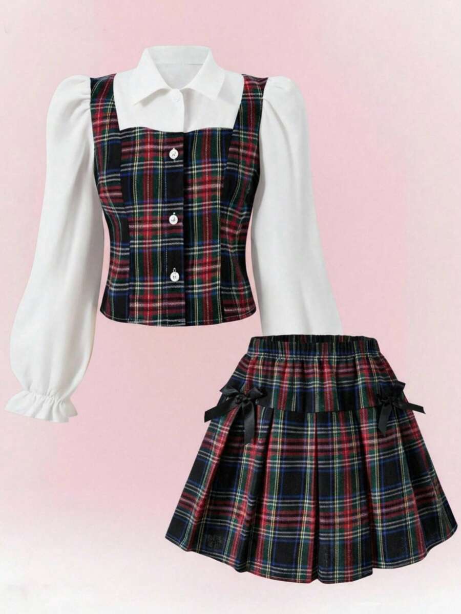 少女格子领泡泡袖开衫搭配松紧腰百褶裙，学院风，适合春、秋、冬季穿着。 - 彩色 - 查看 1