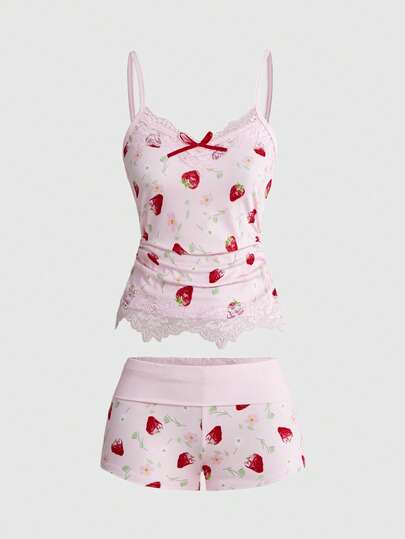 ROMWE Kawaii Kadınlar için Çilek Desenli Dantel Yama Detaylı Üst ve Şort 2 Parça Takım