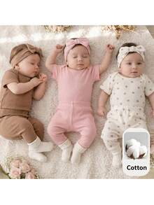 Loomiva Newborn Baby 6pcs Set, Heart Pattern Knitted Soft Round Neck Long Sleeve Romper & Elastic Waist Pants - Pink - View 1