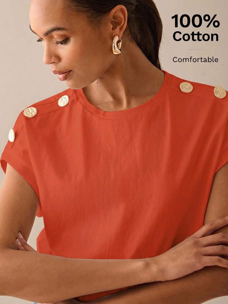 Lilora Áo thun nữ tay ngắn thiết kế nút kim loại, phong cách thường ngày thanh lịch, màu đỏ cam, 100% cotton, thời trang mùa hè, phong cách đô thị thanh lịch, phù hợp đi làm, đi tiệc, dạo phố hàng ngày, áo top cotton nữ - trái cam - Xem 1