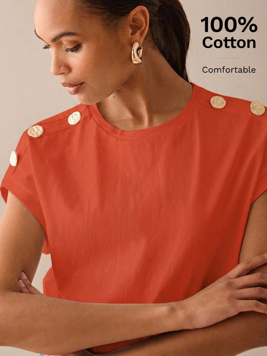 Lilora Áo thun nữ tay ngắn thiết kế cúc kim loại, màu trơn, 100% cotton, thời trang mùa hè, phong cách thành thị thanh lịch, phù hợp cho đi làm hàng ngày, dự tiệc, mùa hè và mùa xuân. Áo cotton nữ màu cam trơn. - trái cam - Xem 1