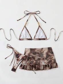 Swim SXY Bộ 3 món: Áo bơi buộc dây cổ yếm đính hạt in họa tiết tie-dye, quần bơi buộc dây phía trước và bộ bikini váy ngắn. - Màu vàng - Xem 5