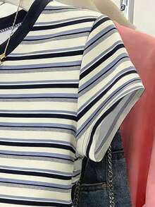 Franclia Camiseta de mujer de corte slim con estampado de rayas, de alta calidad, elegante, adecuada para estudiantes, maestros, uso casual diario, verano - Multicolor - Ver 4