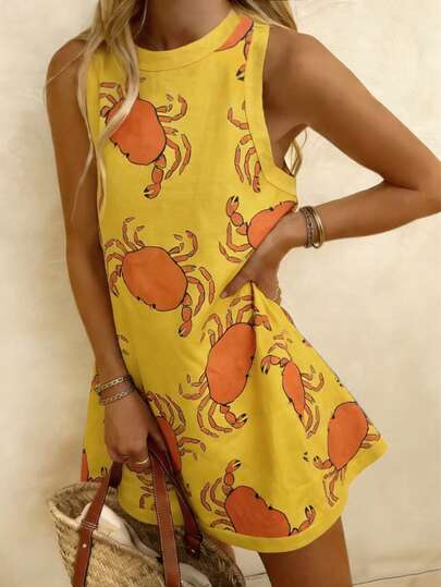 Breezaya 春夏加大码波西米亚风沙滩连衣裙，撞色滚边，随机印花螃蟹图案，无袖套头衫，A字裙摆