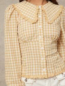 WESTFADE Gingham Ruffle Collar Button Front Fitted Long Sleeve Shirt Cute Fall Clothes For Women Country Concert Outfit - Khaki - View 6