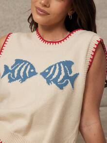 WESTFADE 圆领多针鱼形嵌花针织背心，春假、度假、夏季、休闲、可爱、海滩、假期、纳什维尔、牛仔、西部风格女装 - 杏色 - 查看 6