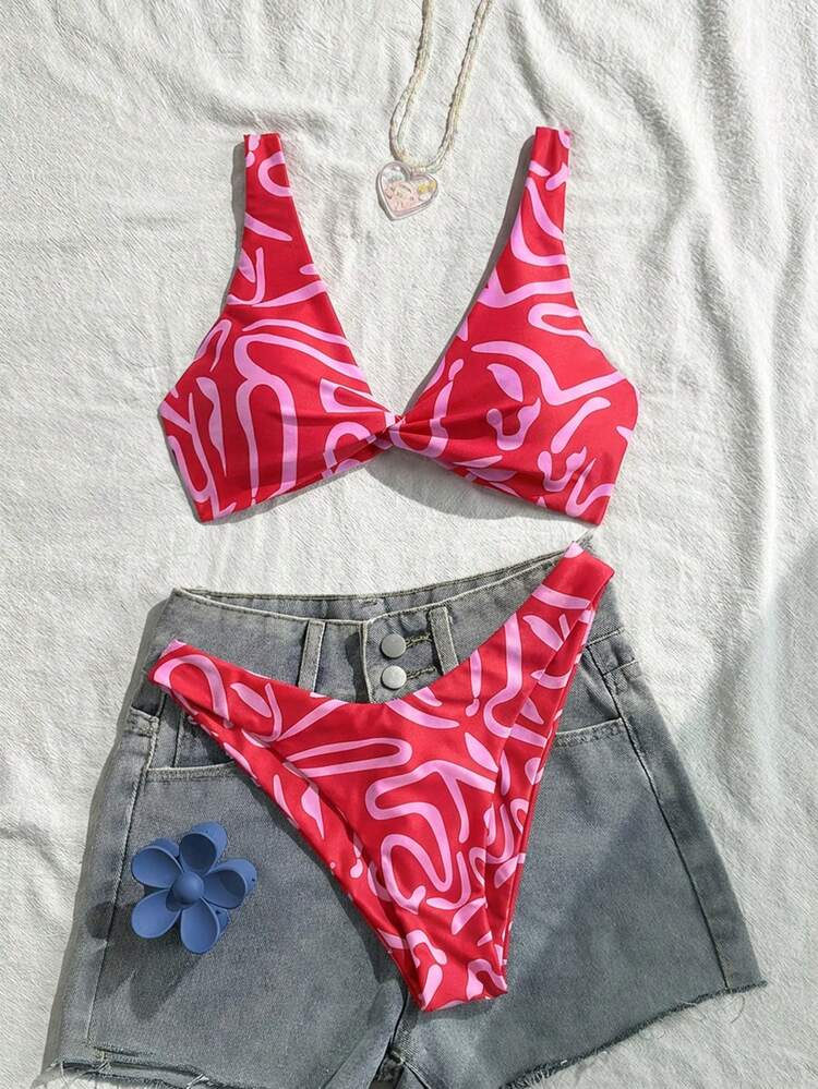 Swim Vcay Dames bikini set met bladprint - Roze - Bekijken 1