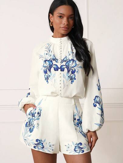 Lilora 两件套女士优雅印花前扣领长袖上衣和短裤套装