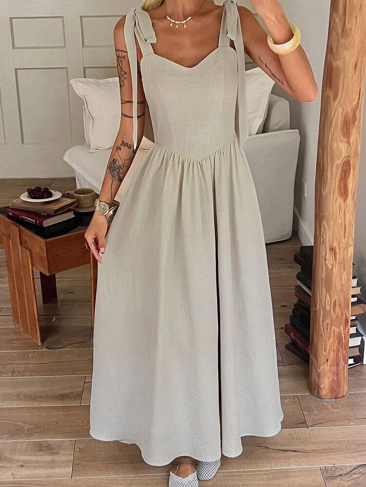 Women's Solid Color Knotted Shoulder Casual Dress Sundress Summer