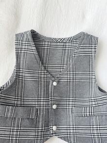 3pcs Newborn Baby Boy Cute Summer Gentleman Style Plaid Vest, Long Pants, Bow Tie Romper Outfit Set - Grey - View 10