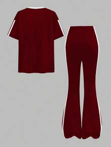 SHEIN Leap Crew 复古运动条纹套装，迷你蝴蝶结装饰，少女休闲简约红白条纹宽松圆领短袖T恤和喇叭裤两件套，适合夏季女孩穿着，两件套裤装，少女运动套装，运动两件套，女孩裤装套装，女孩慢跑套装 - 白色 - 查看 2