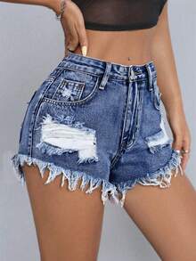 SHEIN PETITE Frayed Hem Fashionable Summer Ripped Casual Denim Shorts - Medium Wash - View 3