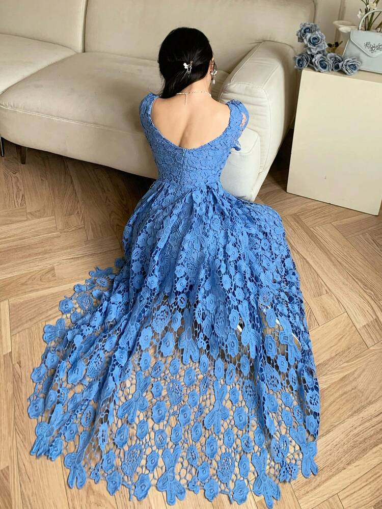 Hollow-Out Lace Short Sleeve High Waist French Style Women Long Dress,Wedding Guest Dress Women Sundress Cocktail Dress
