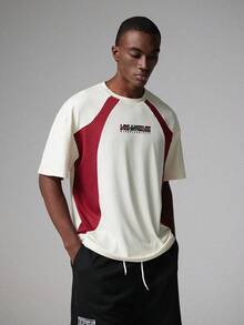 STYNVO Men's Off-White Summer Streetwear City Break Oversized T-Shirt,Comfortable Round Neck Short Sleeve Thick Letter Printed Colorblock Graphic Tee - Multicolor - View 5